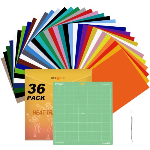 HTVRONT HTV Heat Transfer Vinyl Bundle: 36 Pack 12 x 10" Iron On Vinyl with 1 Pack Standard Grip Cutting Mat for T-Shirt, 25pcs Assorted Colors HTV - WoodArtSupply