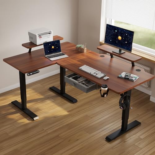 HEONAM L Shape Standing Desk with Drawer, 63x47 Inches Height Adjustable Sit Stand Up Desk with Storage Shelf, Home Office Desk Computer Workstation - WoodArtSupply