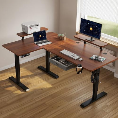 HEONAM L Shape Standing Desk with Drawer, 63x47 Inches Height Adjustable Sit Stand Up Desk with Storage Shelf, Home Office Desk Computer Workstation