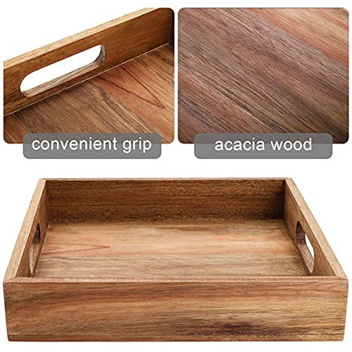 YOUEON Set of 2 Acacia Wood Serving Tray with Handles, 10x10x2 Inch Decorative Serving Trays, Ottoman Tray, Coffee Table Tra2y, Square Wood Tray for
