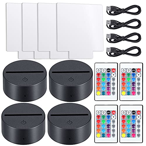 4 Pieces 3D Night LED Light Lamp Base with 4 Pieces Clear Acrylic Sheets & Remote Controls and Charging Cables Adjustable 16 Colors 4 Modes for Child - WoodArtSupply