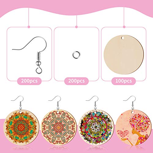 500 Pieces Wooden Blank Earrings Unfinished Wooden Earrings Blank Natural Wood Include 200 Earring Hooks 200 Jump Rings and 100 Wood Chips for Women