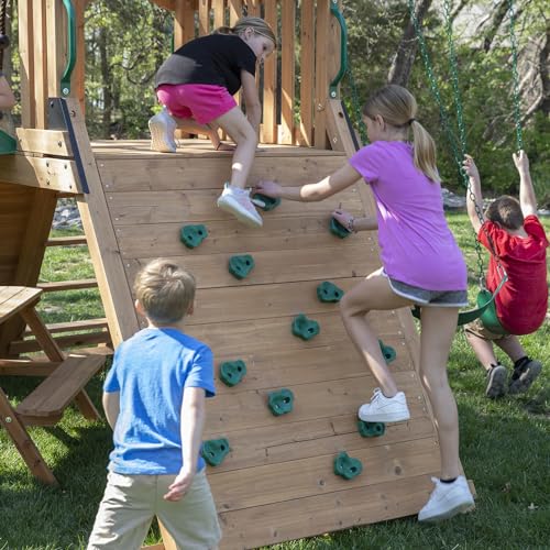 Backyard Discovery Endeavor II All Cedar Wood Swing Set Playset for Backyard with Wave Slide Climbing Wall with Rope Picnic Table Double Wide Rock Backyard Discovery