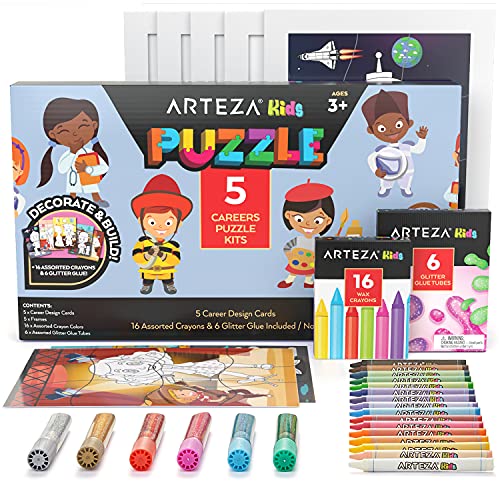 Arteza Kids Coloring Puzzle Kit, 5 Careers Jigsaw Puzzles, 16 Crayons, 6 Tubes of Glitter Glue, 5 Frames, DIY and Screen-Free Kids’ Activities, Craft Arteza Kids