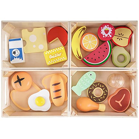 Food Groups - Wooden Play Food Sets, Pretend Play Kitchen Toys, Toy Food Accessories for Toddlers 1-3, Wood Play Fake Food for 1 2 3 Year Old Boys KMTJT