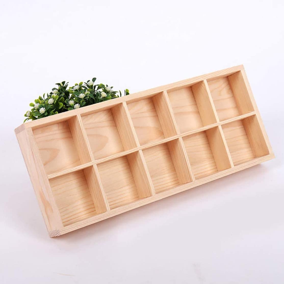 Rustic Compartments Wooden Divided Boxes Succulents Flower Pot Desktop Storage Box Holder, Wood Display Tray for Crafts, Jewelry (10 Grids)