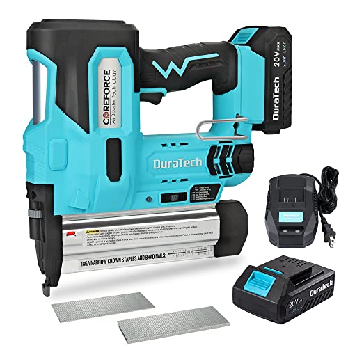DURATECH 20V Cordless Brad Nailer, 18 Gauge, 2-in-1 Nail/Staple Gun for Upholstery, Carpentry, Including 2.0Ah Rechargeable Battery, 1H Quick DURATECH