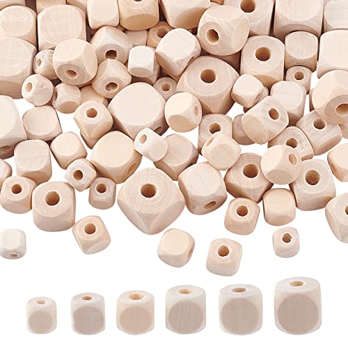 PandaHall 150 pcs Wooden Cubes, 6 Sizes Unfinished Geometric Wood Beads Natural Cube Wooden Beads DIY Wooden Spacer Beads for Bracelet Neckalce