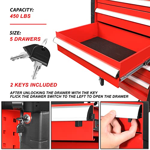 DNA MOTORING 30.5" L x 18" W x 38" H 5-Drawer Lockable Slide Tool Chest Rolling Tool Cart Cabinet (TOOLS-00001) with Keys , Red, Upgrade Package - WoodArtSupply