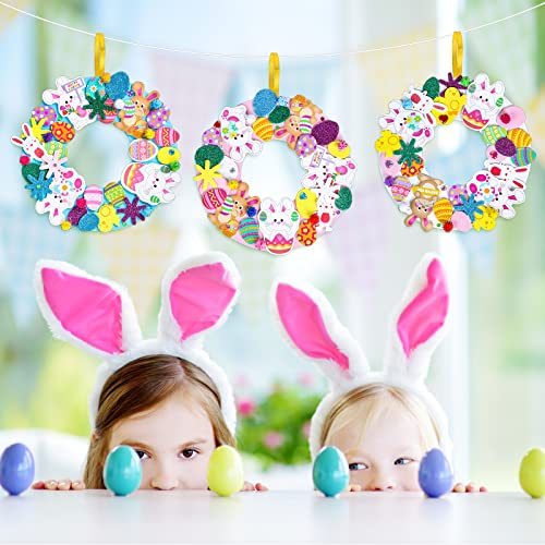 Whaline 12 Sets Easter Foam Stickers Easter Wreath Signs with 400Pcs Cute Bunny Egg Stickers, Rhinestone Sticker, 100Pcs Pom Balls and Yellow Ribbons - WoodArtSupply