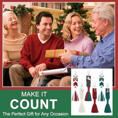 INFUNLY 6 Sets Christmas Macrame Keychain Kit for Adults DIY Macrame Wristlet Kits Macrame Keychain with Tassels DIY Christmas Gift for Family with INFUNLY