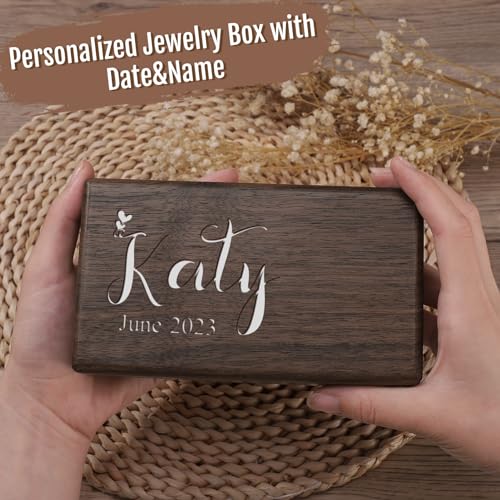 Zhamate Personalized Jewelry Box for Women, Custom Wooden Jewelry Box with Date & Name Rustic Wood Jewelry Organizer Mother's Day Gift for Mother, Zhamate