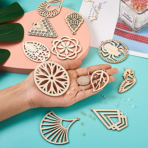 32pcs Wooden Earring Charms Unfinished Natural Wood Filigree Pendants in Butterfly Teardrop Flower Leaf Elephant Heart Shape with Ear Hooks & Ear EEE ELECRELIVE
