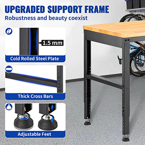 VEVOR 60" Adjustable Workbench, Heavay Duty Workstation 2000 LBS Load Capacity, with Power Outlets & Rubber Wood Top & Metal Frame & Foot Pads, for VEVOR