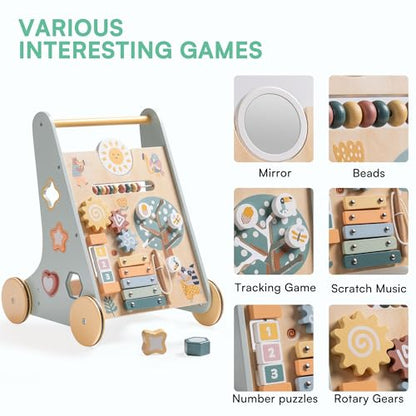 ROBOTIME Wooden Baby Walker, Wooden Push Walker with Wheels, Push Toys for Babies Learning to Walk, Baby Walkers Activity Center for Boys and Girls