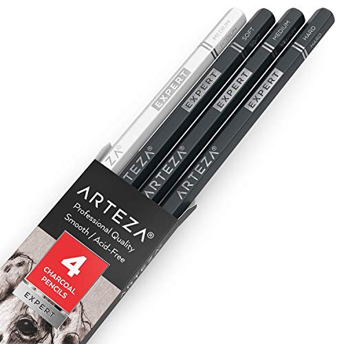 ARTEZA Charcoal Pencil Set, 3 Black Pencils – Soft, Medium, and Hard, and 1 White Pencil – Medium, Art Supplies for Drawing, Sketching & Shading - WoodArtSupply