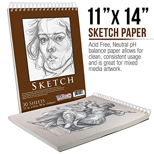 U.S. Art Supply 11" x 14" Top Spiral Bound Sketch Book Pad, Pack of 2, 30 Sheets Each, 90lb (160gsm) - Acid-Free Heavyweight Paper, Artist Sketching US Art Supply