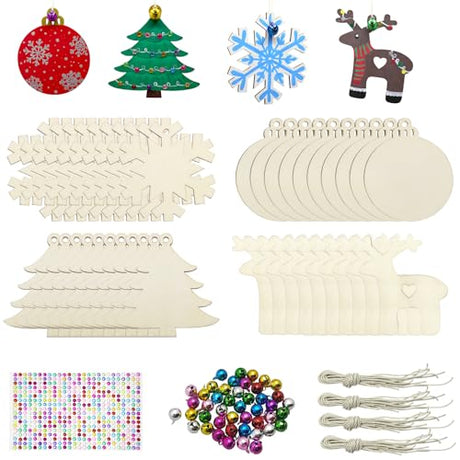 Hidreas 40 Pcs Wooden Ornaments Unfinished Christmas DIY Ornaments Craft Kit, Christmas Wood Ornaments with Bells, Wax Rope and Rhinestone Stickers Hidreas