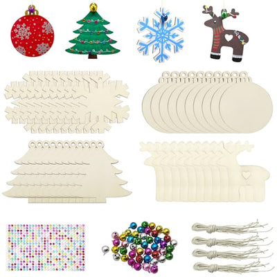 Hidreas 40 Pcs Wooden Ornaments Unfinished Christmas DIY Ornaments Craft Kit, Christmas Wood Ornaments with Bells, Wax Rope and Rhinestone Stickers