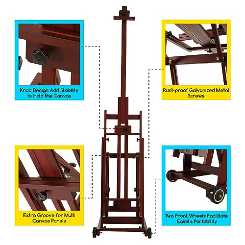 MEEDEN Multi-Function Studio Easel,H-Frame Easel,Painting Easel for Adults,Artist Easel,Floor Easel,Solid Beech Wood Easel w/Front Wheels,Holds MEEDEN