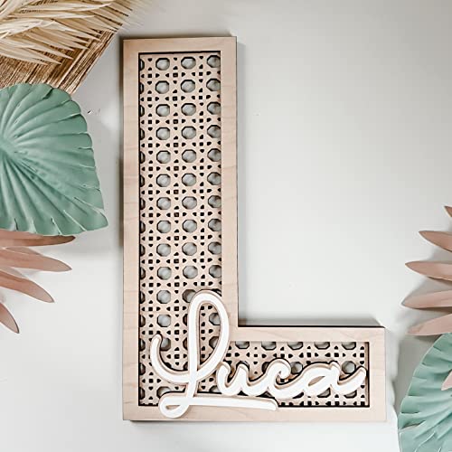 Custom Boho Wood Personalized Initial & Name Sign, 3D Layered Letter Handmade Rattan Wall Decor for Nursery or Child's Bedroom - Baby Shower, - WoodArtSupply