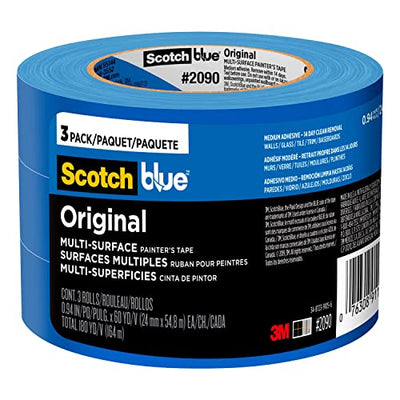 ScotchBlue Original Painter's Tape, 0.94 Inches x 60 Yards, 3 Rolls, Blue, Protects Surfaces and Removes Easily, For Indoor and Outdoor Use