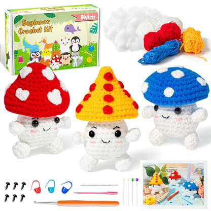 BWkoss Beginner Crochet Kit, Cute Mushroom Crochet Starter Kit for Adults Kids DIY Craft Complete Material Pack with Step-by-Step Instruction and - WoodArtSupply