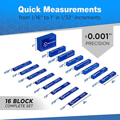 Blockcision Setup Blocks Woodworking Tools - 16-Piece Gauge Block Set with Precision Ruler-Marked Bars, Case, Carpenter Pencil & Square - Aluminum