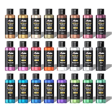 ABEIER Metallic Acrylic Paint, Set of 24 Metallic Colors in 2oz/60ml Bottle, Rich Pigments, Non Fading, Non Toxic Paints for Artist, Beginners & Kids Abeier