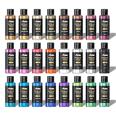 ABEIER Metallic Acrylic Paint, Set of 24 Metallic Colors in 2oz/60ml Bottle, Rich Pigments, Non Fading, Non Toxic Paints for Artist, Beginners & Kids