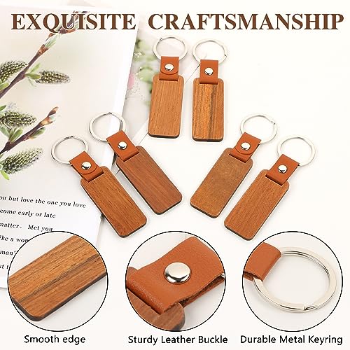 10PCS Leather Wood Keychain Blank, Wooden Keychain Blanks with Leather Strap, Unfinished Wooden Keychains for Laser Engraving, DIY Various Key Tags,