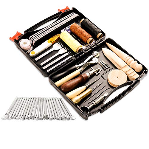 BAGERLA 50 Pieces Leather Working Tools and Supplies with Leather Tool Box Prong Punch Edge Beveler Wax Ropes Needles Perfect for Stitching Punching