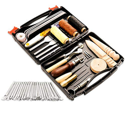 BAGERLA 50 Pieces Leather Working Tools and Supplies with Leather Tool Box Prong Punch Edge Beveler Wax Ropes Needles Perfect for Stitching Punching