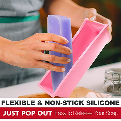 LERYKIN Rectangular Soap Mold Kit with Cutter- 42oz Flexible Silicone Loaf Soap Mold with Wood Box, Stainless Steel Wavy & Straight Scraper for Lerykin