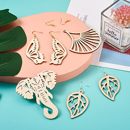 32pcs Wooden Earring Charms Unfinished Natural Wood Filigree Pendants in Butterfly Teardrop Flower Leaf Elephant Heart Shape with Ear Hooks & Ear EEE ELECRELIVE