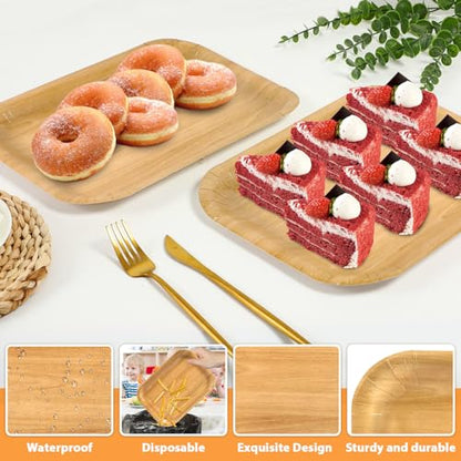 15 Wood Large Rectangle Trays Disposable Wooden Serving Trays Rustic Brown Heavy-Duty Paper Plates for Picnic BBQ Birthday Parties Barbecue Weddings - WoodArtSupply