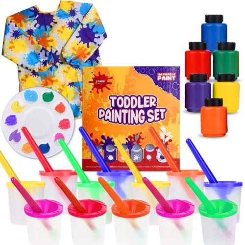 J MARK 32 Piece Toddler Painting Set – Spill Proof Paint Cups for Kids, Washable Kids Paint, Kids and Toddler Paint Set with Art Smock and More J MARK