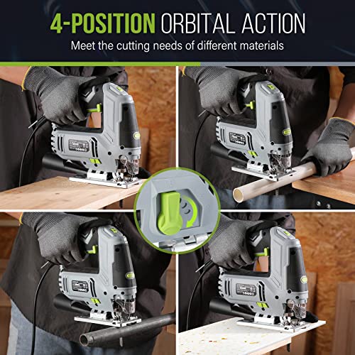 WORKPRO Jigsaw, 6.5AMP 850W Corded Electric Jig Saw Tool Kit with 6 Variable Speeds, 7 Blades, ±45° Bevel Cutting, LED Light, 3000 SPM, 4 Orbital WORKPRO