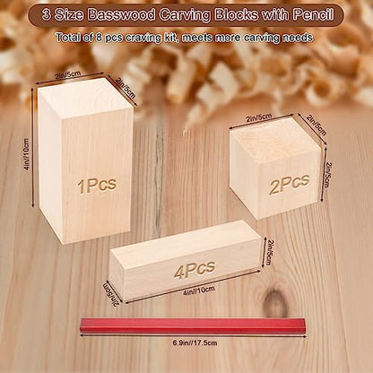 7+1 Pcs Basswood Carving Blocks with Pencil, Boyistar 3 Sizes Whittling Wood Blocks for Craft Carving Wooden Blocks, Small Carved Bass Wood Block Kit