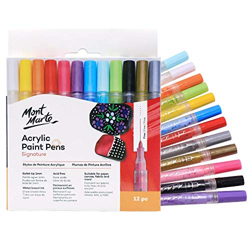 MONT MARTE Signature Acrylic Paint Pens, 12 Piece, Waterproof, Suitable for Most Surfaces Including Canvas, Card, Rocks, Fine Bullet Tip (1mm) MONT MARTE