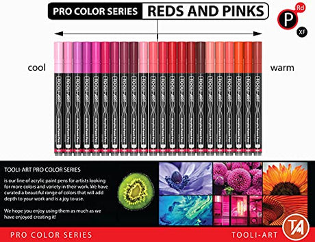 Acrylic Paint Pens 22 Red & Pink Tones Assorted Pro Color Series Markers Set 0.7mm Extra Fine Tip for Rock Painting, Glass, Mugs, Wood, Metal, TOOLI-ART
