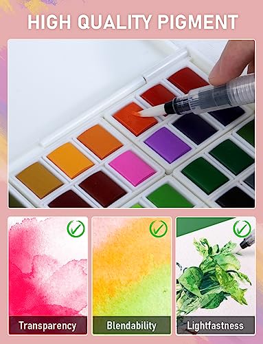 Nicpro 48 Colors Watercolor Paint Set with 8PCS Squirrel Painting Brushes, 25 Sheet Water Color Paper, 2 Water Brush Pens, Palette, Sponge, Art Nicpro