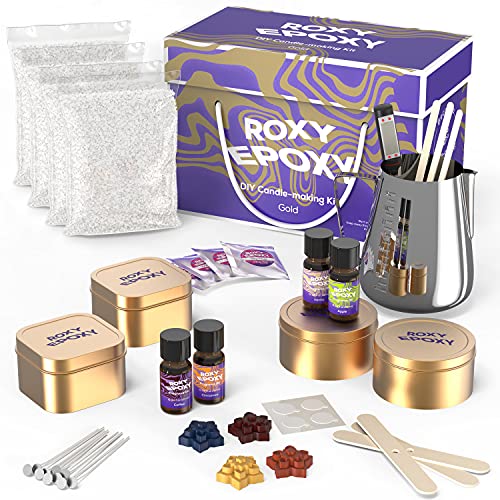 Roxy Epoxy DIY Candle Making Kit Gold - Complete Supplies Set to Make Your Own Candles - Includes 2lb Soy Wax, Candle Tins, Fragrances, Color Dyes, Roxy Epoxy