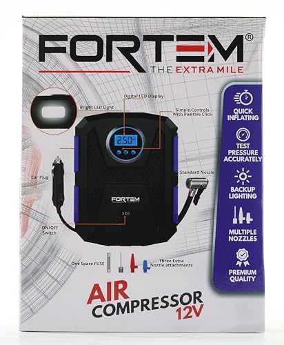FORTEM Tire Inflator Portable Air Compressor 150 PSI, Bike Pump, 12V Electric Air Pump for Car Tires and Bicycles w/LED Light, Digital Tire Pressure FORTEM