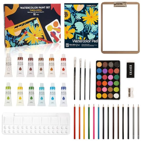 59pcs Watercolor Paint Set for Adults Beginner Artists Kids, Art Painting Supplies Kit with 12 Watercolor Paints 24 Color Watercolor Cakes Painting Tavolozza Fine Arts