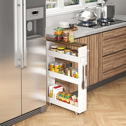 CHLORYARD Slim Storage Cart, 4-Tier Kitchen Rolling Cart Narrow Storage Cabinet with Handle & Wood Top, Metal Rolling Shelf Unit for Kitchen Bathroom - WoodArtSupply