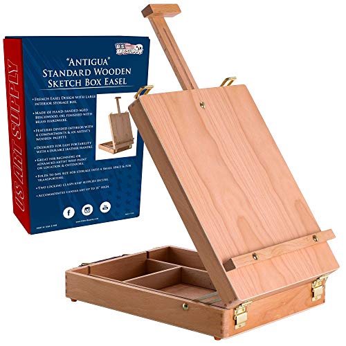 U.S. Art Supply Antigua Adjustable Wood Table Sketchbox Easel, Premium Beechwood - Portable Wooden Artist Desktop Storage Case - Store Art Paint, - WoodArtSupply