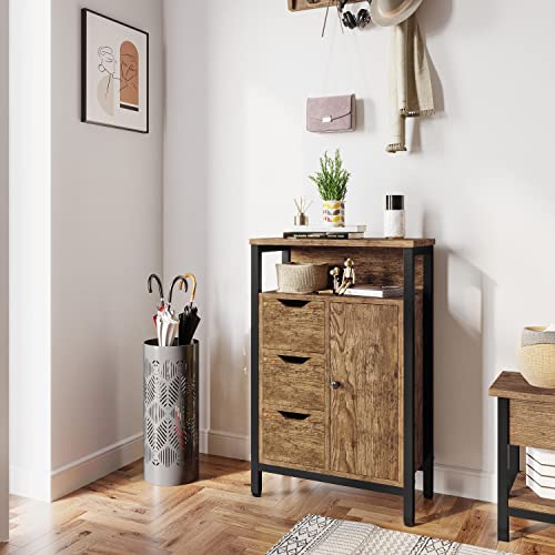 Yaheetech Industrial Bathroom Floor Cabinet, Freestanding Wooden Organizer, Multiple Tiers Storage Cabinet with 3 Drawers, 1 Door & Adjustable Shelf