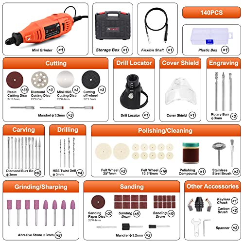 GOXAWEE Rotary Tool Kit with MultiPro Keyless Chuck and Flex Shaft - 140pcs Accessories Variable Speed Electric Drill Set for Handmade Crafting GOXAWEE