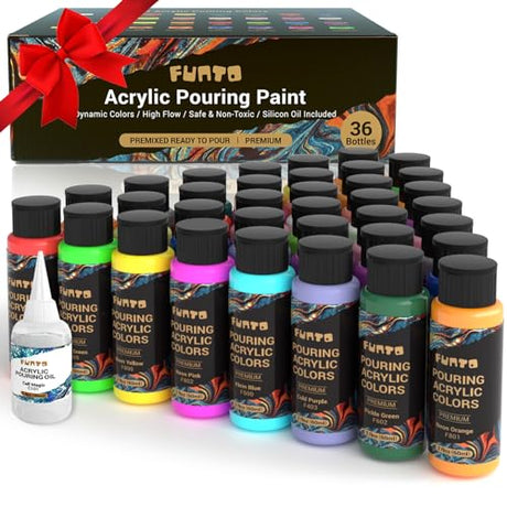 Funto Acrylic Pouring Paint Set, 36 Bottles(2oz), with Silicone Oil, High Flow, Pre-Mixed, Assorted Colors, Art Supplies for Pouring on Canvas, Funto